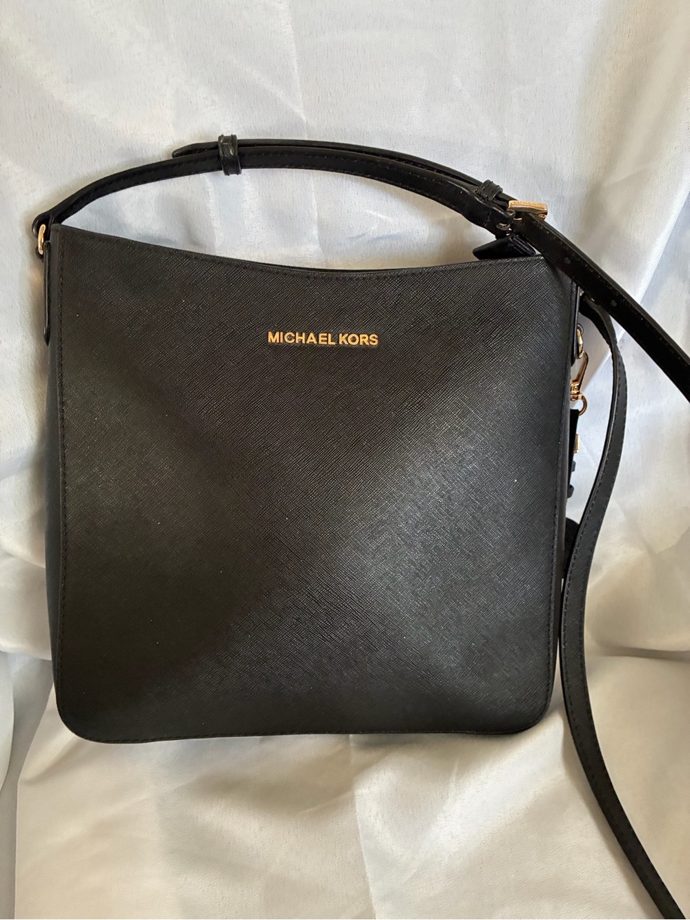 Michael Kors Black Saffiano Leather Shoulder Bag with Gold Logo